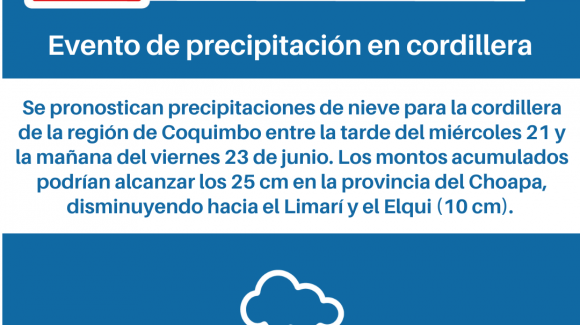 Se pronostica evento de precipitación en cordillera para la región de Coquimbo