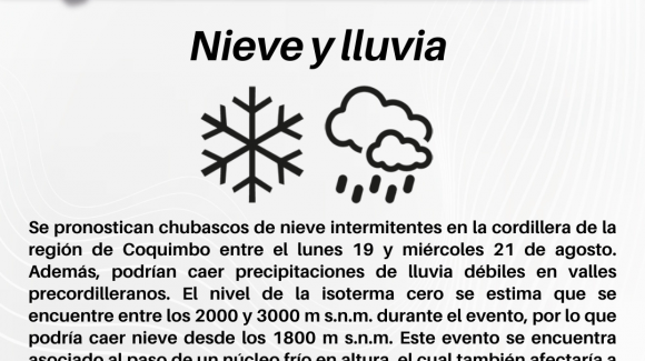 Se pronostican precipitaciones de nieve para sectores cordilleranos de las regiones de Coquimbo y Atacama