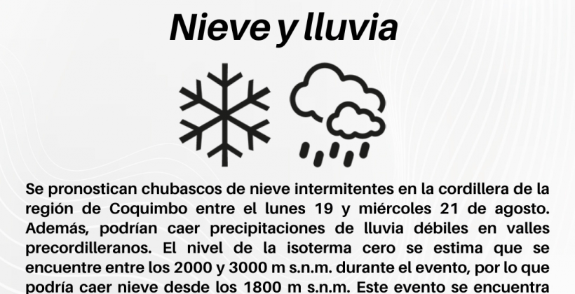 Se pronostican precipitaciones de nieve para sectores cordilleranos de las regiones de Coquimbo y Atacama