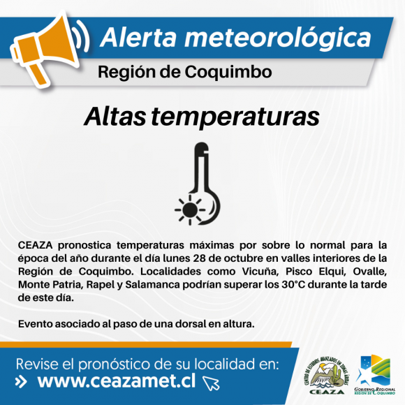 CEAZA pronostica altas temperaturas para los valles interiores en la Región de Coquimbo