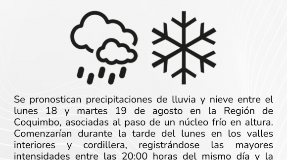 Se pronostican precipitaciones de lluvia y nieve para la Región de Coquimbo