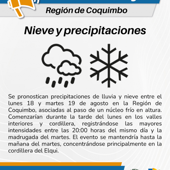 Se pronostican precipitaciones de lluvia y nieve para la Región de Coquimbo