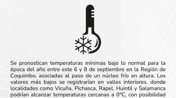Pronostican bajas temperaturas en la Región de Coquimbo este 6 y 8 de septiembre Pronostican bajas temperaturas en la Región de Coquimbo este 6 y 8 de septiembre