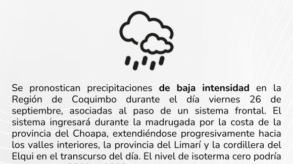 Se pronostican precipitaciones de baja intensidad en la Región de Coquimbo