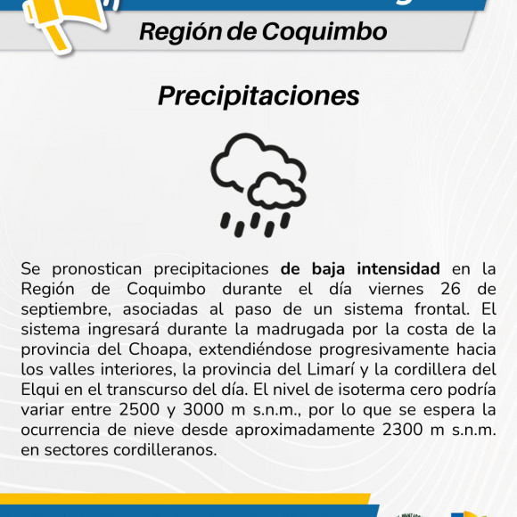 Se pronostican precipitaciones de baja intensidad en la Región de Coquimbo