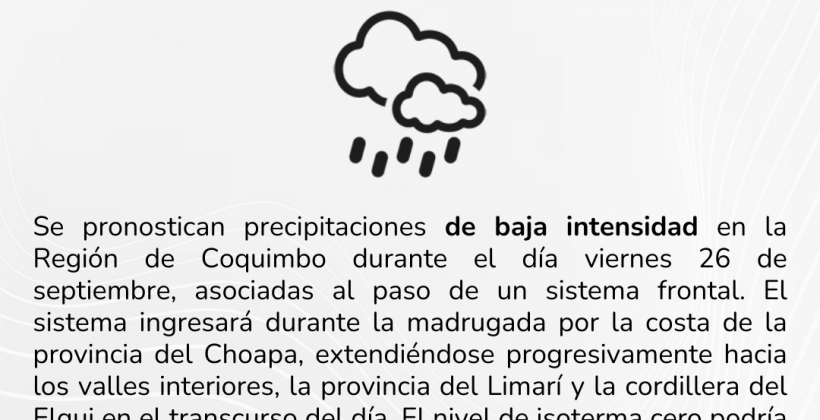 Se pronostican precipitaciones de baja intensidad en la Región de Coquimbo Se pronostican precipitaciones de baja intensidad en la Región de Coquimbo