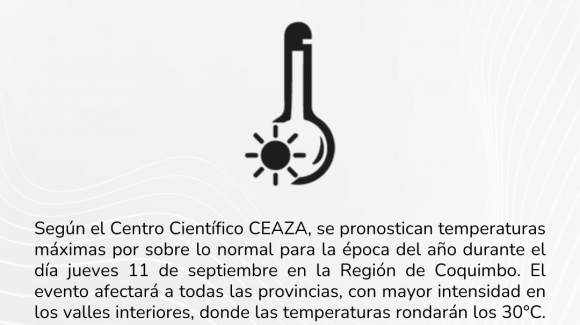 CEAZA emite aviso por altas temperaturas en la Región de Coquimbo para este jueves 11 de septiembre