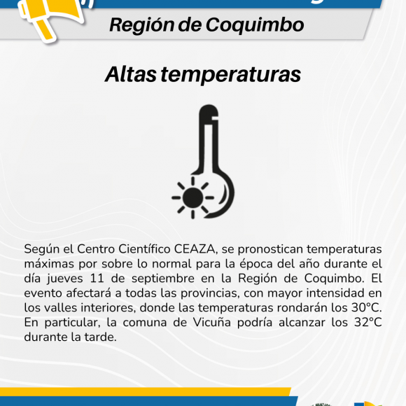 CEAZA emite aviso por altas temperaturas en la Región de Coquimbo para este jueves 11 de septiembre
