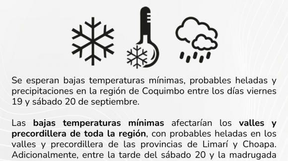Aviso por bajas temperaturas, probables heladas y precipitaciones en valles y precordillera de la Región de Coquimbo