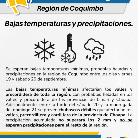 Aviso por bajas temperaturas, probables heladas y precipitaciones en valles y precordillera de la Región de Coquimbo