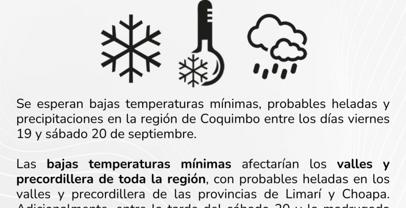 Aviso por bajas temperaturas, probables heladas y precipitaciones en valles y precordillera de la Región de Coquimbo