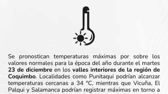 Se pronostican altas temperaturas para el interior de la Región de Coquimbo durante este martes 23