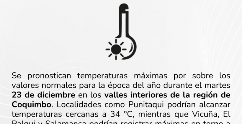 Se pronostican altas temperaturas para el interior de la Región de Coquimbo durante este martes 23