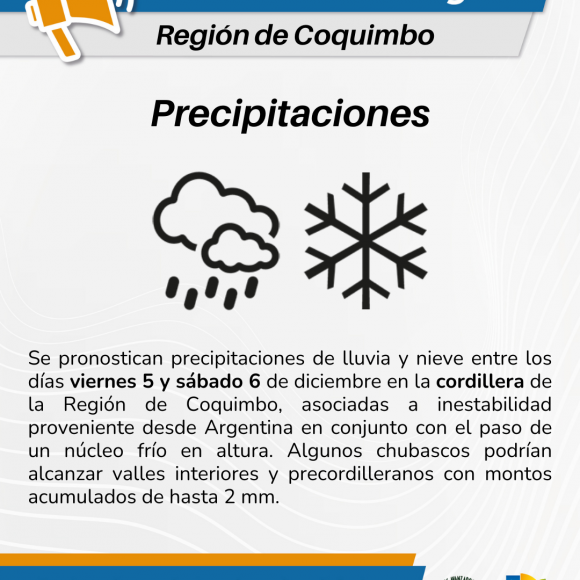 Se pronostican precipitaciones en cordillera para esta semana en la Región de Coquimbo