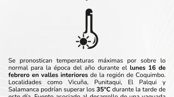 Se pronostican altas temperaturas para este lunes 16 de febrero en la Región de Coquimbo Se pronostican altas temperaturas para este lunes 16 de febrero en la Región de Coquimbo