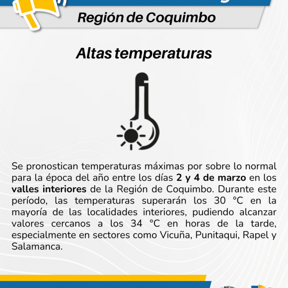 Se pronostican altas temperaturas para sectores interiores de la región entre este 2 y 4 de marzo