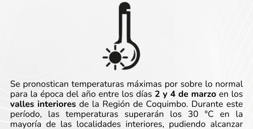 Se pronostican altas temperaturas para sectores interiores de la región entre este 2 y 4 de marzo