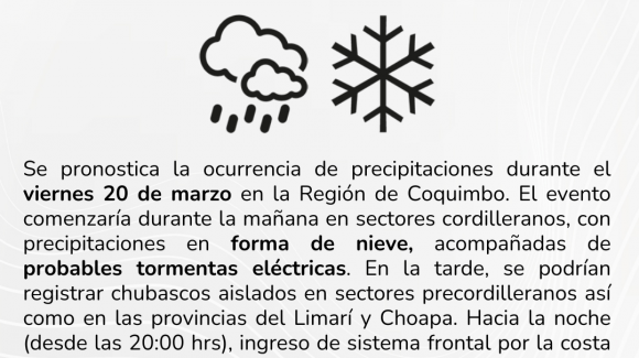 Lluvias débiles y nieve en cordillera se pronostican para este viernes en la provincia del Choapa