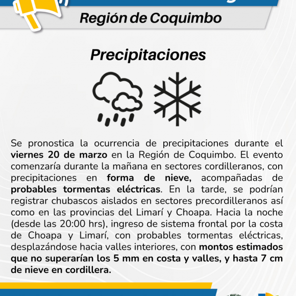 Lluvias débiles y nieve en cordillera se pronostican para este viernes en la provincia del Choapa