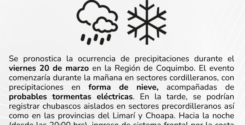 Lluvias débiles y nieve en cordillera se pronostican para este viernes en la provincia del Choapa Lluvias débiles y nieve en cordillera se pronostican para este viernes en la provincia del Choapa