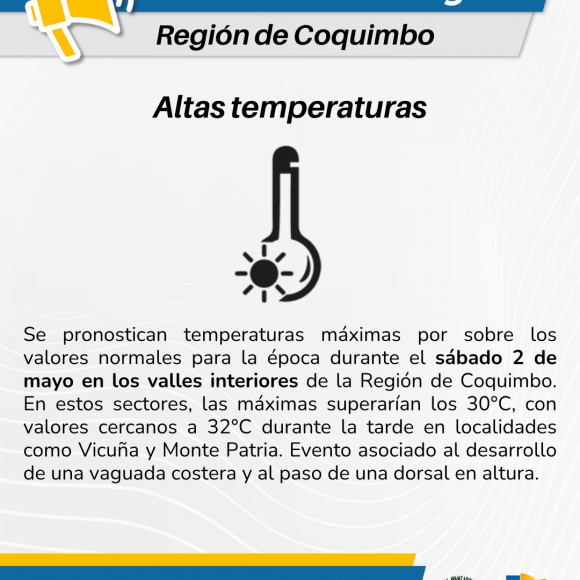 Altas temperaturas afectarán a valles interiores de la Región de Coquimbo este fin de semana